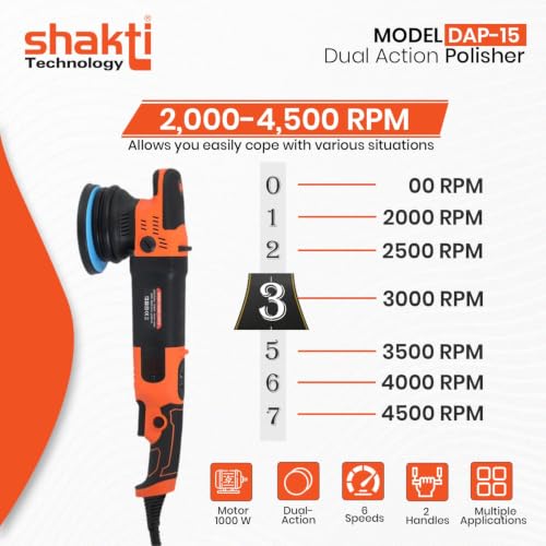 Image of Shakti Technology DAP-15 Dual Action Polisher 1000W Electric Car Polisher 15MM Orbit with D-Handle 2000-4500 RPM with 125MM(5Inch) Wheel Size, Disk Ideal for Cars, SUV, Boats & Tiles Polishing