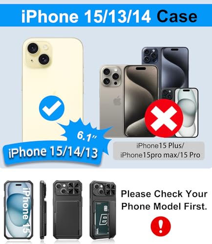 BXYJY for iphone 15, iphone 14, iphone 13 Wallet Case with Screen Protector (Tempered Glass), Card Holder (4-5 Cards), Slide Camera Cover, Military Grade Hard Men Women Case for iphone 15/14/13, Black