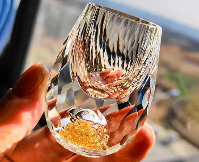 義也満　型吹きガラス　ギヤマン　金彩盃　酒道具　ガラス工芸　箱付　Q1812 義也満 型吹きガラス ギヤマン 金彩盃 酒道具 ガラス工芸 箱付 Q1812 義也