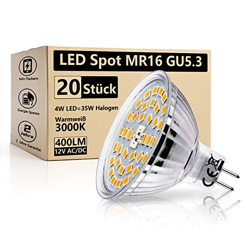 HiBay LED Lampe Strahler Leuchtmittel 12V AC/DC GU5,3 Lampen Warmweiß 3000K 4W (ersetzt 35W) 400lm MR16 Birne LED Spot 20er Set