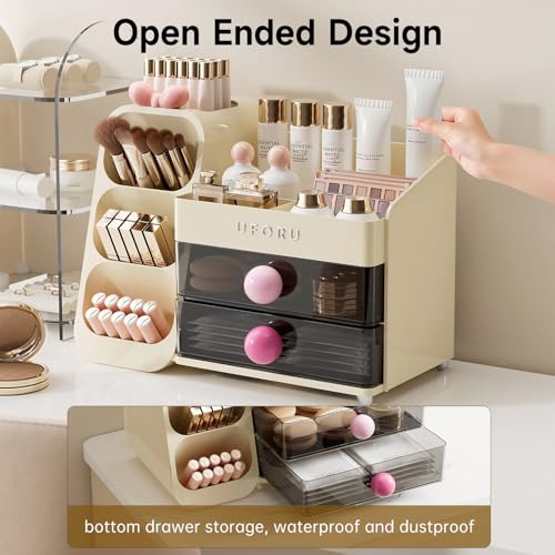 Image of UFORU Makeup Organizer for Vanity with Brush Holder, Large Capacity Bathroom Countertop Skincare Organizer with 2 Drawers, Cosmetic Display Case for Perfumes, Eyeshadow Palettes, Nail Polishes