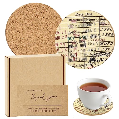 Vintage Library Due Date Card Coaster Set, 4pcs Library Card Coasters with Gift Card, Round Drink...