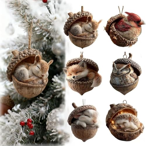 6 Pcs Forest Animal Acorn Ornaments, Cozy Forest Pine Cone Animal Christmas Decoration Ornaments, 2D Acrylic Woodland Ornament for Christmas Tree, Home Party Decor