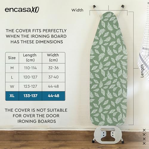 Image of Encasa XO Ironing Board Cover with 3mm Thick Felt Pad for Steam Press (Fits Standard X-Large Boards of 135x45 cm) Heat Reflective, Scorch & Stain Resistant, Printed - Big Leaves Green