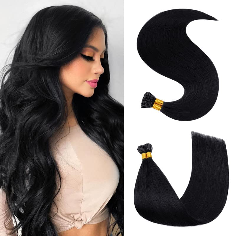 I Tip Hair Extensions Human Hair,TESS Pre bonded I Tip Hair Extension 100% Human Hair,I Tip Extensions Remy Human Hair Silky Straight,Cold Fusion Extension,50g/pack 100 strands #01 Jet Black 20 Inch