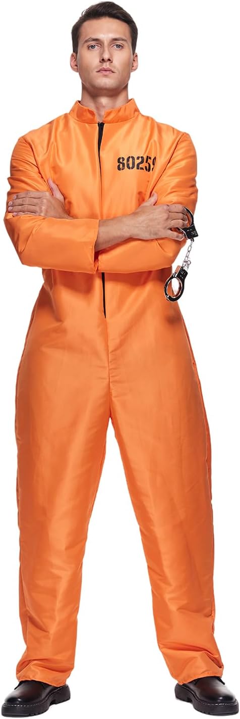 EraSpooky Men Prisoner Costume Halloween Orange Jumpsuit Adult Jailbird Escaped Inmate Suit - Image 5