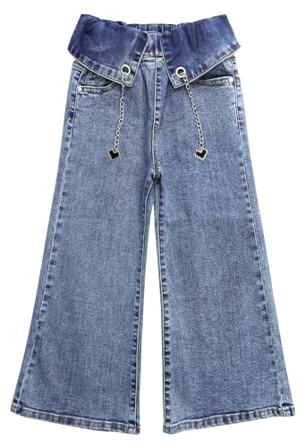 KIDSCOOL SPACE Flounced Girls Wide-Leg Stretch Denim Pants, 5-14T Ribbed Elastic Waist with Chain Jeans