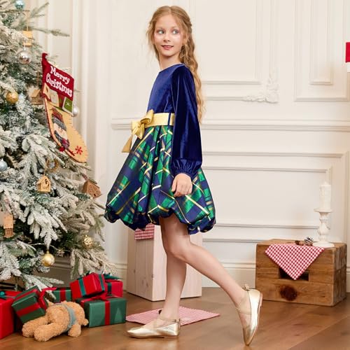 CHILDRENSTAR Girls Christmas Party Dresses Metallic Long Sleeve Velvet Holiday Bubble Dress for Kids 3-13Y4