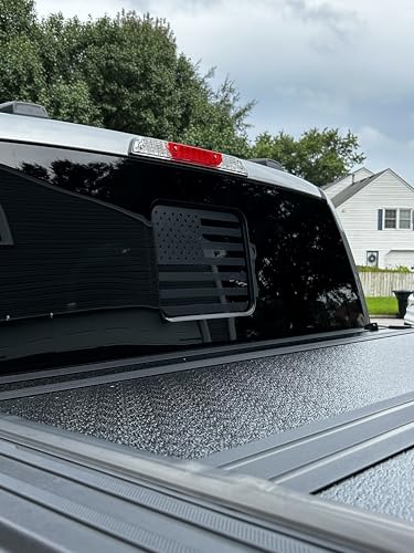 Image of Truck Rear Middle Window Perforated American Flag Decal, See-Through Matte Black Vinyl for Chevy Silverado 1500 /2500 /3500 (2014-2025) & GMC Sierra 1500 /2500 /3500 (2014-2025), 13.5 inch x 8.75 inch