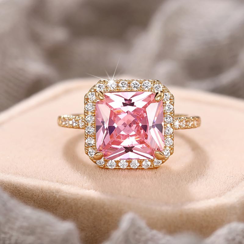 Dainty Gold Ring for Women with a Single Coloured Stone, Cute Single Stone Rings for Women, Pink Square Ring for Women Promise Rings CZ Rings, Simple Gold Rings for Women 63