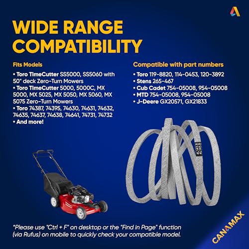 Image of Canamax 119-8820 Mower Drive Deck V-Belt - Compatible with 50 inch Deck Toro Timecutter SS5000 SS5060 MX5060 74630 74361 74632 74635 74637 74641 | Aramid Cord | 1 /2 inch x 141.5 inch
