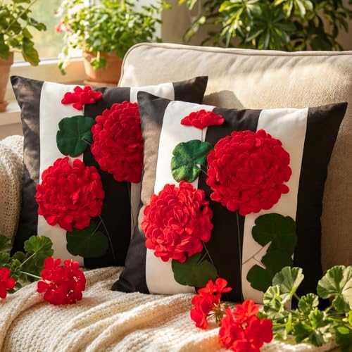 Boao 2 Pcs 3D Red Geranium Throw Pillow Covers 18