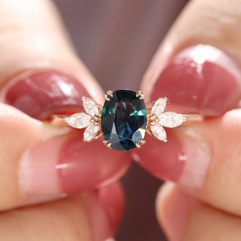 Bague en argent sterling 925 saphir vert naturel et diamants d'exception - 2