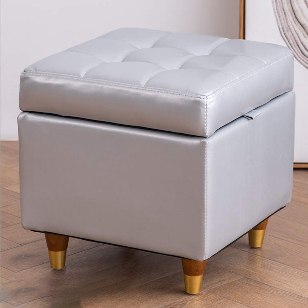 LMMIAOZ Modern Leather Storage Footstool for Living Room and Bedroom Solid Wood Square Footrest with 4 Legs Load Bearing and Wear Resistant 15.74IN Height Silver Color