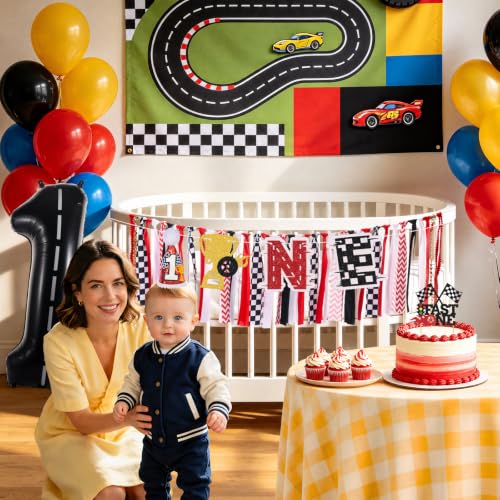 Image of Race Car Fast One Highchair Banner for First Birthday Party Decorations | Pre-strung Race Car Fabric Banner for Boys Black Red High Chair Banner for One Birthday Backdrop Decorations
