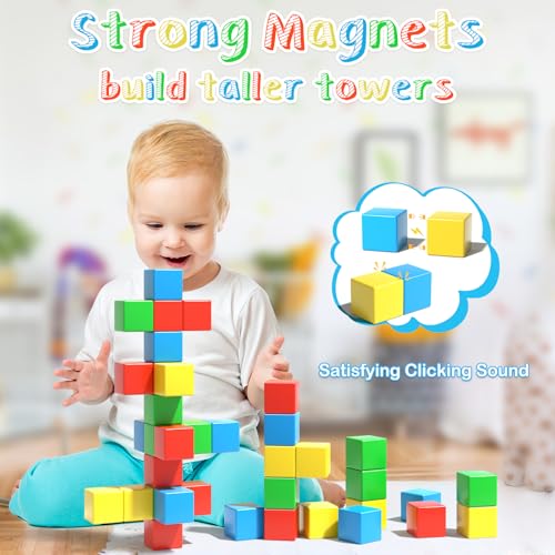 Image of Magnetic Blocks Large, 56PCS 1.34in Magnetic Building Blocks, 3D Magnetic Cubes for Toddlers, Preschool Educational Construction Kit, Sensory Montessori Toys Kids Blocks for Boys Girls Toddlers