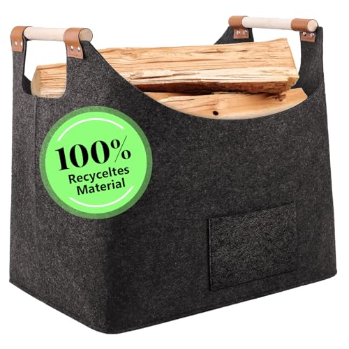 XHYASD Panier à Bûches XXL 60L, Grand Sac à Bois de Cheminée en Feutre Épais, Panier de Rangement Pliable et Solide avec Poignées Renforcées, Range...