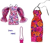 La mini-robe ajustée à imprimé rose a des manches bouffantes transparentes à épaules dénudées pour une touche haut de gamme, tandis que la robe midi à imprimé tropical se ferme élégamment au niveau du cou avec des liens licou noirs