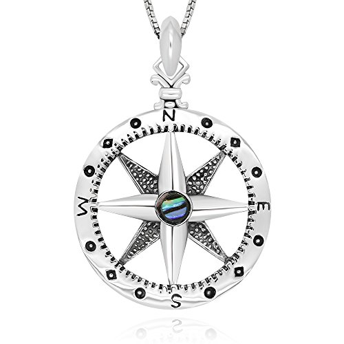 925 Sterling Silver Follow Your Dream Compass Abalone Shell Pendant Necklace 18" for Woman, Teen