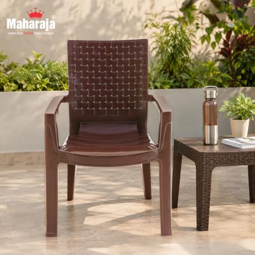 Image of MAHARAJA Heavy Duty Plastic Arm Chair for Home & Office | Premium Glossy Finish | Comfortable Arm Rest | 200Kg Capacity | Stackable & Durable | (Brown, Pack of 6)