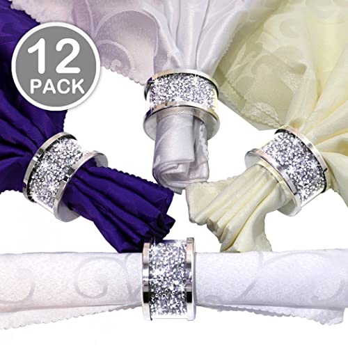 Stylishia Silver Diamond Glass Napkin Holder Stainless Steel Framed Crystal Silver Napkin Rings Set Of 12 Pieces, Glam Serviette Buckles Cloth Holder Bling Crushed Diamond Table Settings Home Decor #TOP4