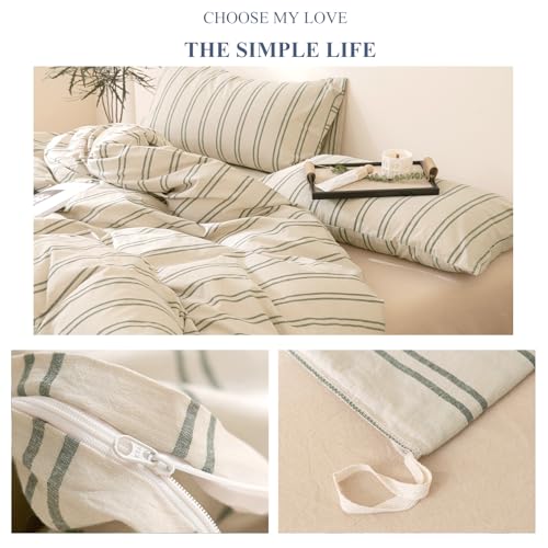 Image of VM VOUGEMARKET 100% Washed Cotton Striped Duvet Cover Sets King,Beige Duvet Cover with Gray Stripes Pattern Printed Comforter Cover with Zipper Closure & Corner Ties(3pcs,King Size)