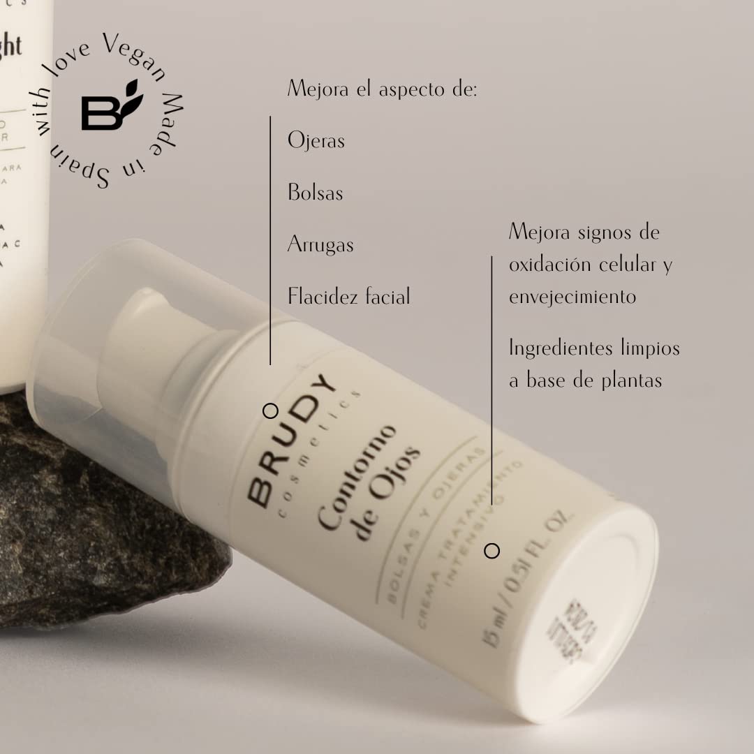 Brudy Cosmetics - Contour des yeux avec DHA | Action antioxydante et anti-gagiste | Réduit les rides, les lunettes noires, les poches et les rides | Sans toucher gras | Végétalien | 15 ml