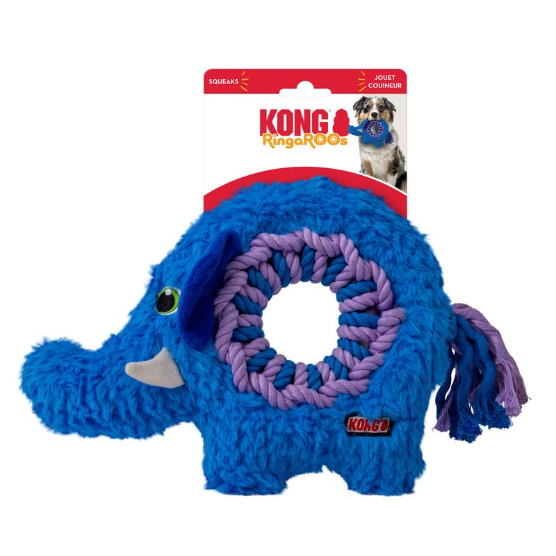 KONG Ringaroos - Interactive Rope Ring Dog Toy with Plush Squeaker - for Fetch, Tug & Cuddle - for Medium Sized Dogs (Blue Elephant)