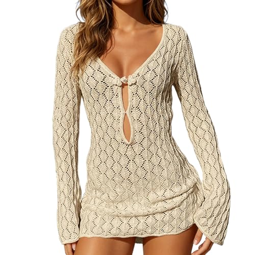 Vestido de Playa de Manga Larga para Mujer, de Punto Liso con Traje de baño Ligero Ajustado a la Cadera, Elegante cubrebaños para la Playa, diseño Entallado, Tejido Suave y Transpirable