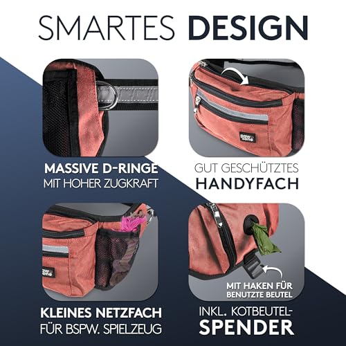 PAWZONE® Futterbeutel Hunde - Leckerlibeutel für Hunde - Bauchtasche für Hunde Zubehör - Leckerlietasche für Hunde - Inkl. Reflektorband & Zusatzgurt für Flexileine (Rostrot)