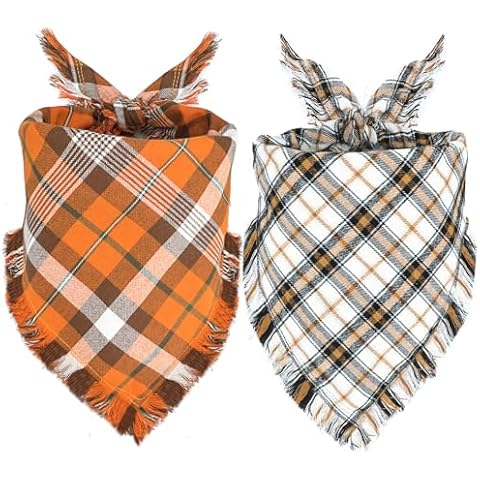Viretec Fall Dog Bandana, Thanksgiving Autumn Dog Bandana Orange Plaid Pet Scarf for Boy and Girl, Seasonal Holiday Reversible Triangle Bibs for Large X-Large Dogs and Cats Cover