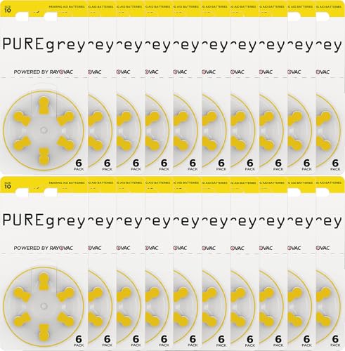 PUREgrey - Pilas para audífonos tipo 10 – 120 unidades para audífonos diseñados para el máximo rendimiento – Pack de 20 blísteres de 6 pilas para audífonos – Código de color amarillo PR70 1,45 V