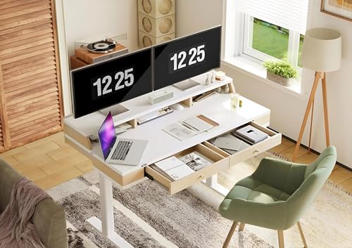 Image of ARTIKEL Valor Pro Electric Height Adjustable Standing Desk with Storage Drawers & Shelves| Sit-Stand Desk for Home Office |Ergonomic Workspace Table (Beige)