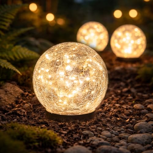 Lumiled Solar Gartenleuchte Kugel 3er Set Dekorative runde Kugelleuchten aus gebrochenem Glas Warmweiß 2700K 12cm IP44 Solarbetriebene Außenleuchte für Garten Terrasse Weg Hof und Außenbereich