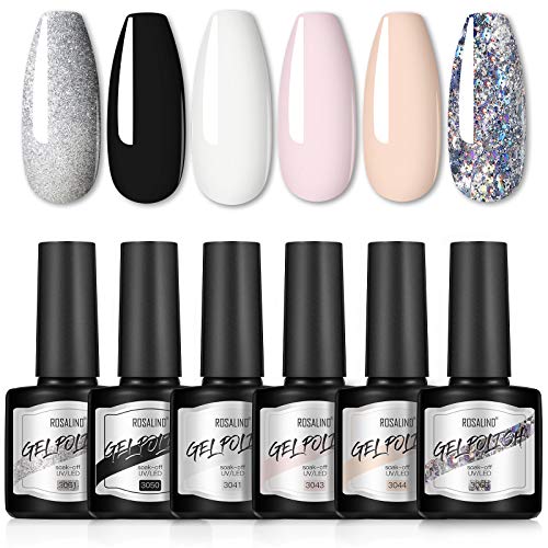ROSALIND Gel Nail Polish 6pcs White Black Glitter,Nail Art Decoration DIY at Home Nail Gel Set