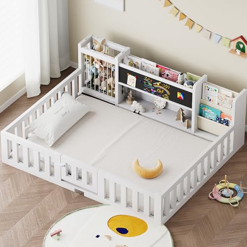 Montessori Wood Toddler Floor Bed with Blackboard & Bookshelf (White Full) - image 7