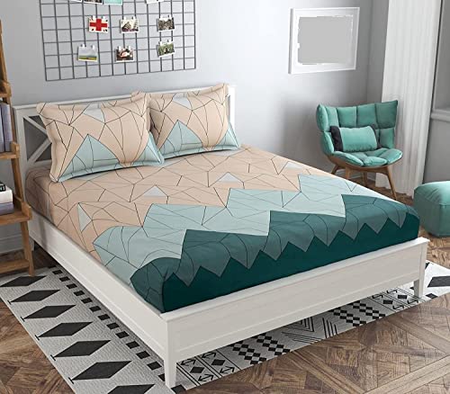 Image of KAWI Cotton 200 TC Feel Elastic Fitted Printed King Size Double Bedsheet With 2 Pillow Cover (72 inchX78 inch) -Peach Green