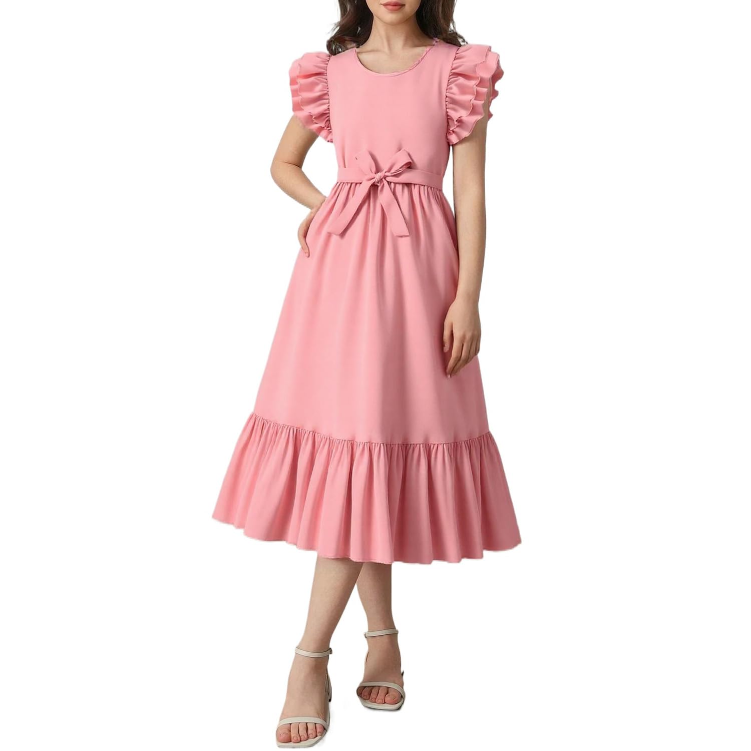 GOTHLETIC Girls Dresses Double Layer Ruffle Sleeve Dress Casual Summer Elegant A-Line Flowy Dresses 6-14 Years