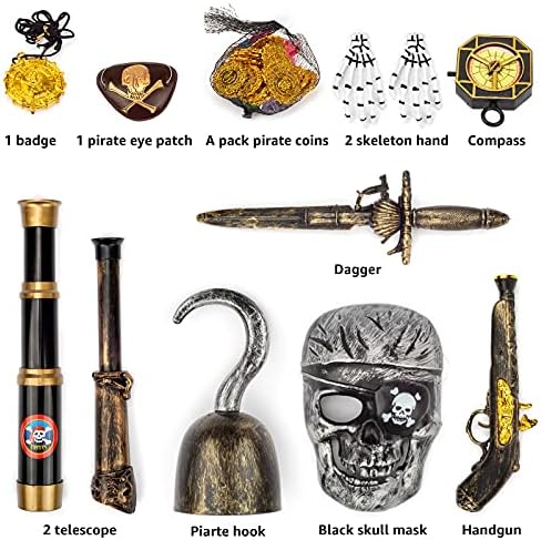 Pirate Treasure Play Set for Kids,Pirate Role-Play Toys ,Pirate Costume kids Accessories with Pirate Mask,Gold Coins,Pirate Hook,Compass,Telescope,Plastic Sword,Eye Patch,Badge for Party Decor.
