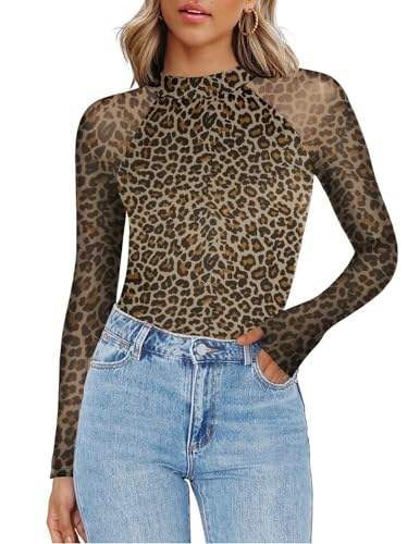 Zeagoo Leopard Print Tops for Women Mesh Long Sleeve Mock Neck Shirt See Through Going Out Blouses