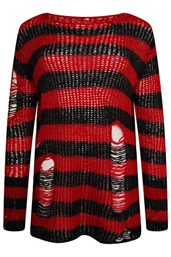Image of Ro Rox Gothic Knitted Jumper with Distressed Look - Oversized Pullover Ripped Design, Loose Fit, 90s Grunge Stripe Pattern