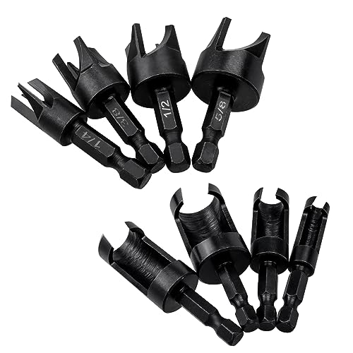Mesee 8 Stück Zapfenschneider Kohlenstoffstahl, Holz Plug Cutter Bohrer Set, Dübel Zapfenbohrer Set, Rundschaft Kohlenstoffstahl Klaue & konisch Bohrer für Bohrmaschinen, 6mm 10mm 13mm 16mm