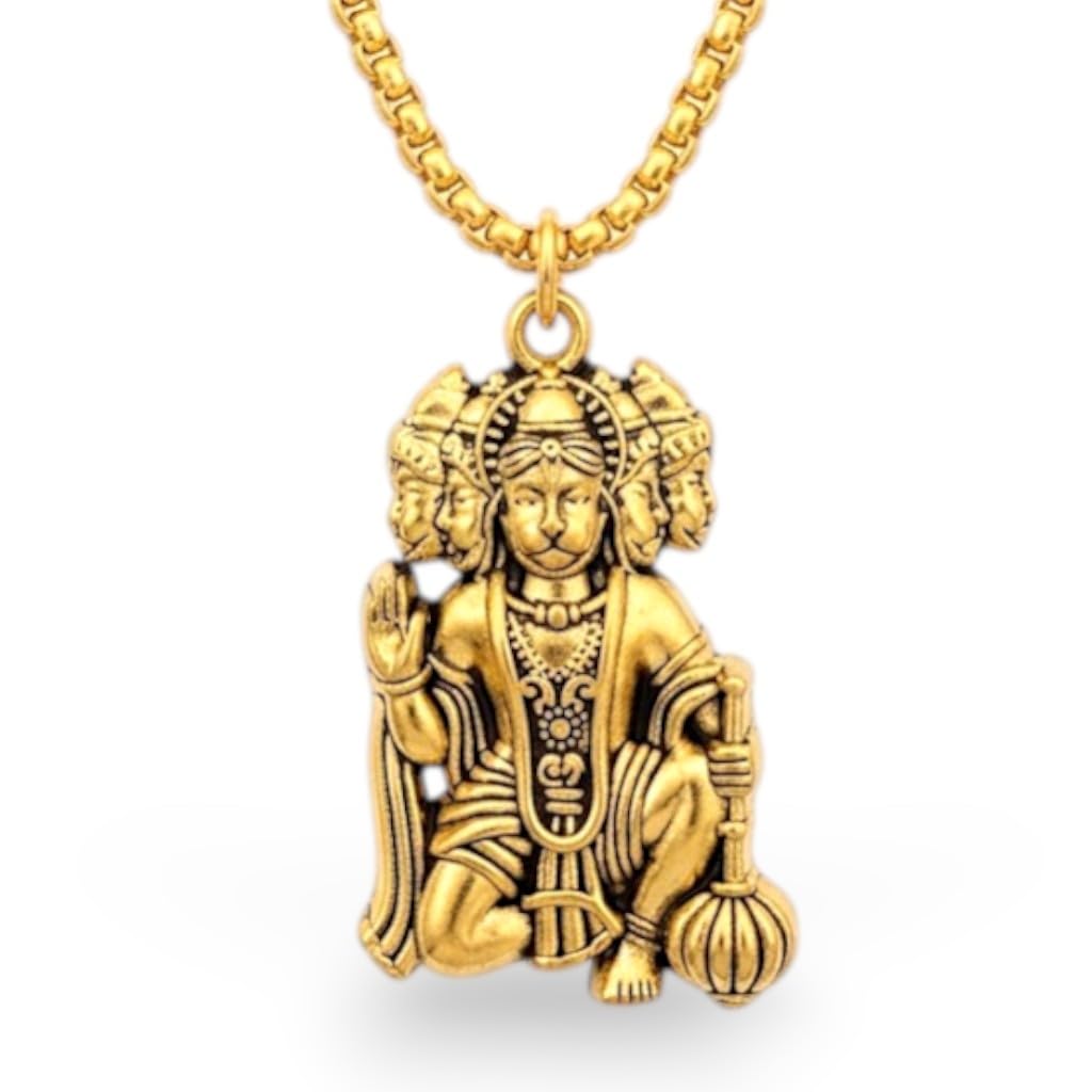 Panchmukhi Hanuman Ji Locket with Chain | Gold Plated Locket for Men | Bajrangbali Pavanputra Hanuman Pendant Necklace for Positive Energy | Spiritual Pendant Gift for Man and Boy Birthday (Pack of 1)-image-3