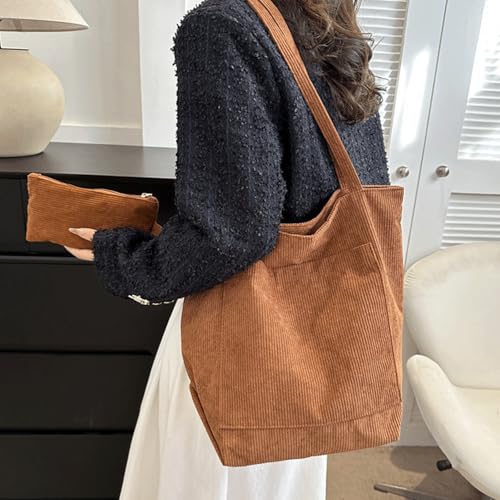 Corduroy Tote Bag Set with Small Pouch Large Capacity Shoulder Purse for Women Vintage Corduroy Tote Bag With Matching Purse2