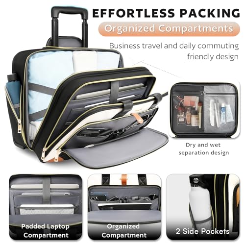 Image of Arcoyard Rolling Laptop Bag, Large Rolling Briefcase for Women with Waterproof Pocket, 17.3 Inch Computer Bag Laptop Case with Wheels, Roller Work Bag for Office Travel Business Teacher, Beige Brown