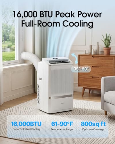 Image of Portable Air Conditioners, 16000 BTU Cooling for 800 Sq ft, 5-in-1 with Drainage-Free Cooling, Fan, Dehumidifier, Sleep Mode, APP & Remote Control, Quiet 40 dB, Window Installation Kit