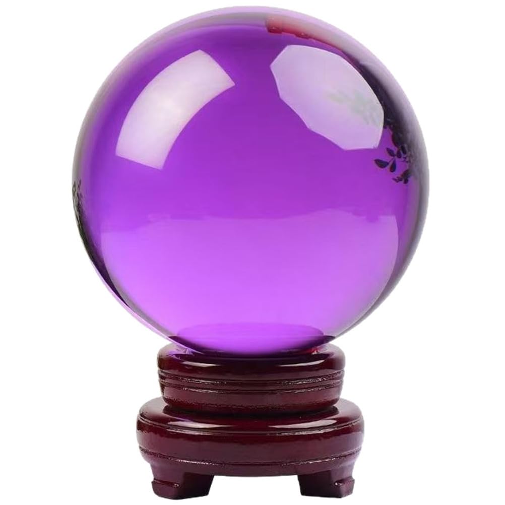 AUOQKQUT Stone Crystal Ball with Wood Stand Divination Sphere for Home Office Decor Semi Precious, Amethyst Hand-Made for Decoration,80mm