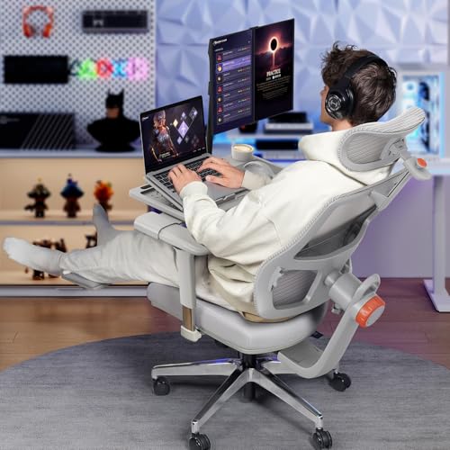 Image of Newtral Ergonomic Office Chair, Auto-Following Lumbar Support Desk Chair with Footrest (Grey, 5D Headrest +Laptop Tray)