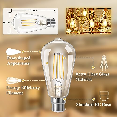 DiCUNO Vintage Edison Light Bulb B22 Bayonet Light ST64, 6W Equivalent to 60W, Filament Clear LED Bulb, Warm White 2700K, 810LM, Non-dimmable, 2 Pcs - Image 4