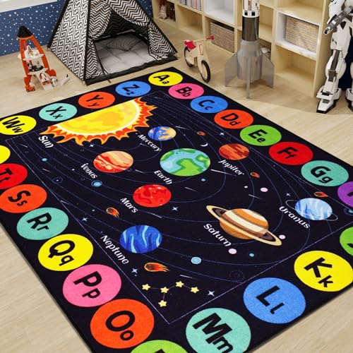 Image of AKASISRUG Outer Space Kids Rug Carpet for Playroom, ABC Educational Learning Area Rug, Non-Slip Solar System Road Play Play Rug for Kids Bedrooms, Classroom, Nursery Room Decor (Black, 59X39.4 INCH)